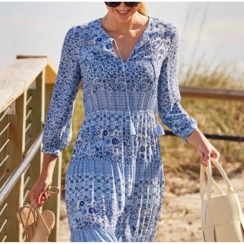 J. McLaughlin Hortense Floral Tiered Maxi Dress Tassel XS Boho Coastal Patchwork
